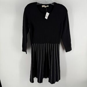 Ann Taylor Loft Sweater Dress Womens XS Black White Striped‎ Knit Pleated Casual